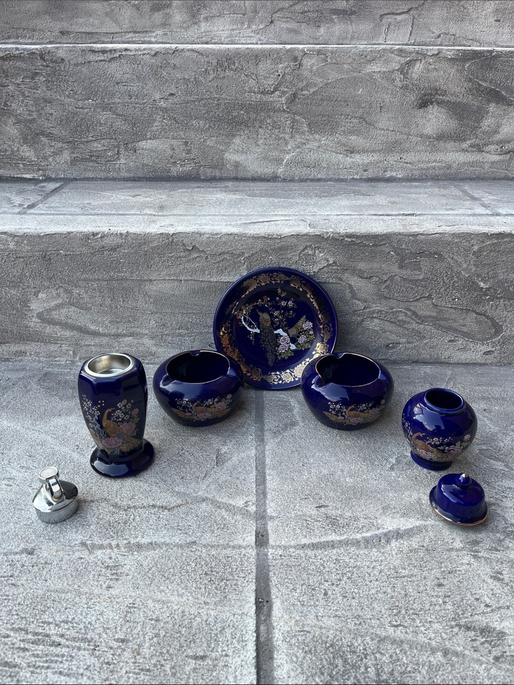 Japanese Cobalt Blue Floral Porcelain Home Art Set